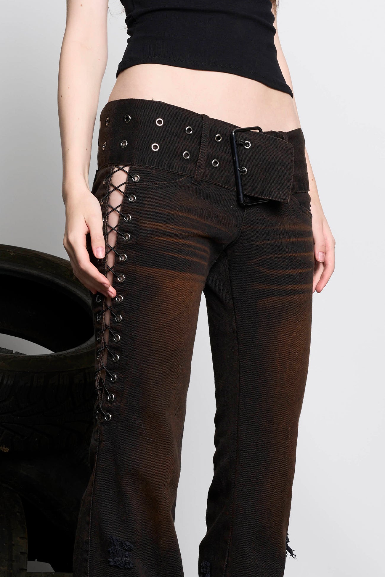 Belted Distressed Pants Black